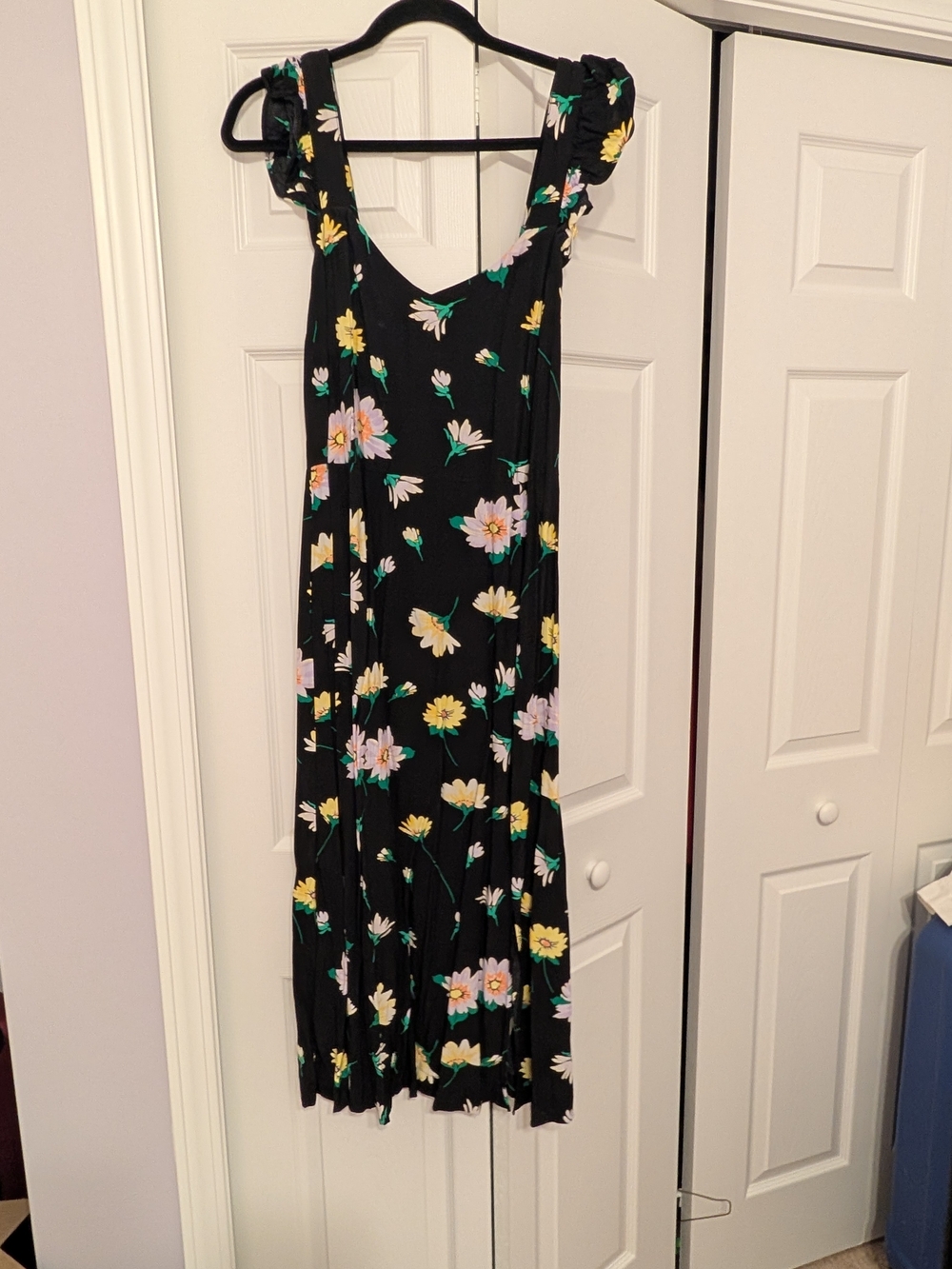 LOFT Black Midi Dress with Yellow & Pink Floral Print